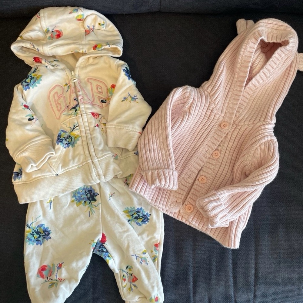 GAP Cream Floral Baby Set with Pink Knit Hoodie